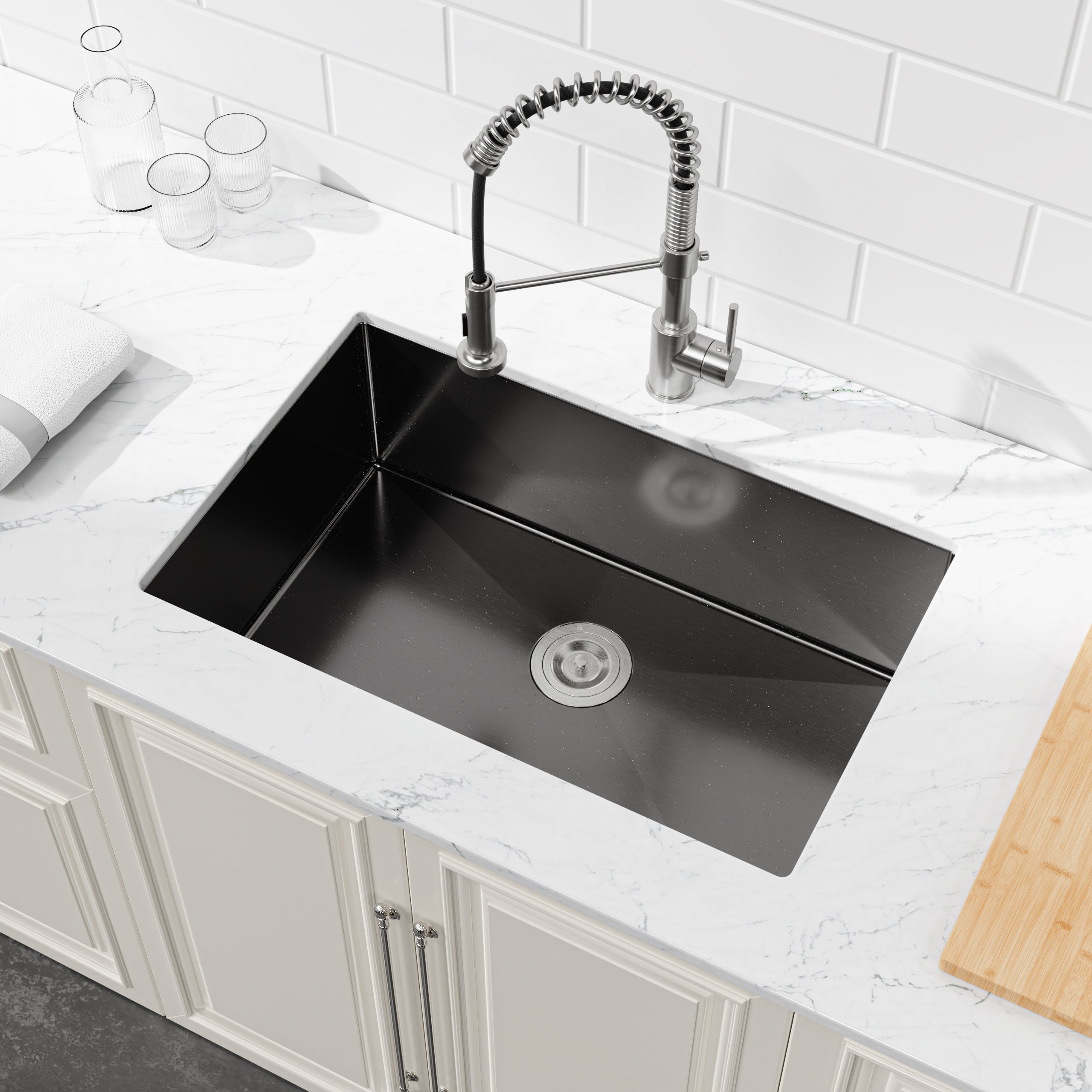 Stainless Steel Kitchen Sink, 30″x19″ Single Bowl, Undermount HandmadeSink in Black, with US Standard Drain and Hook, SS-BL-05
