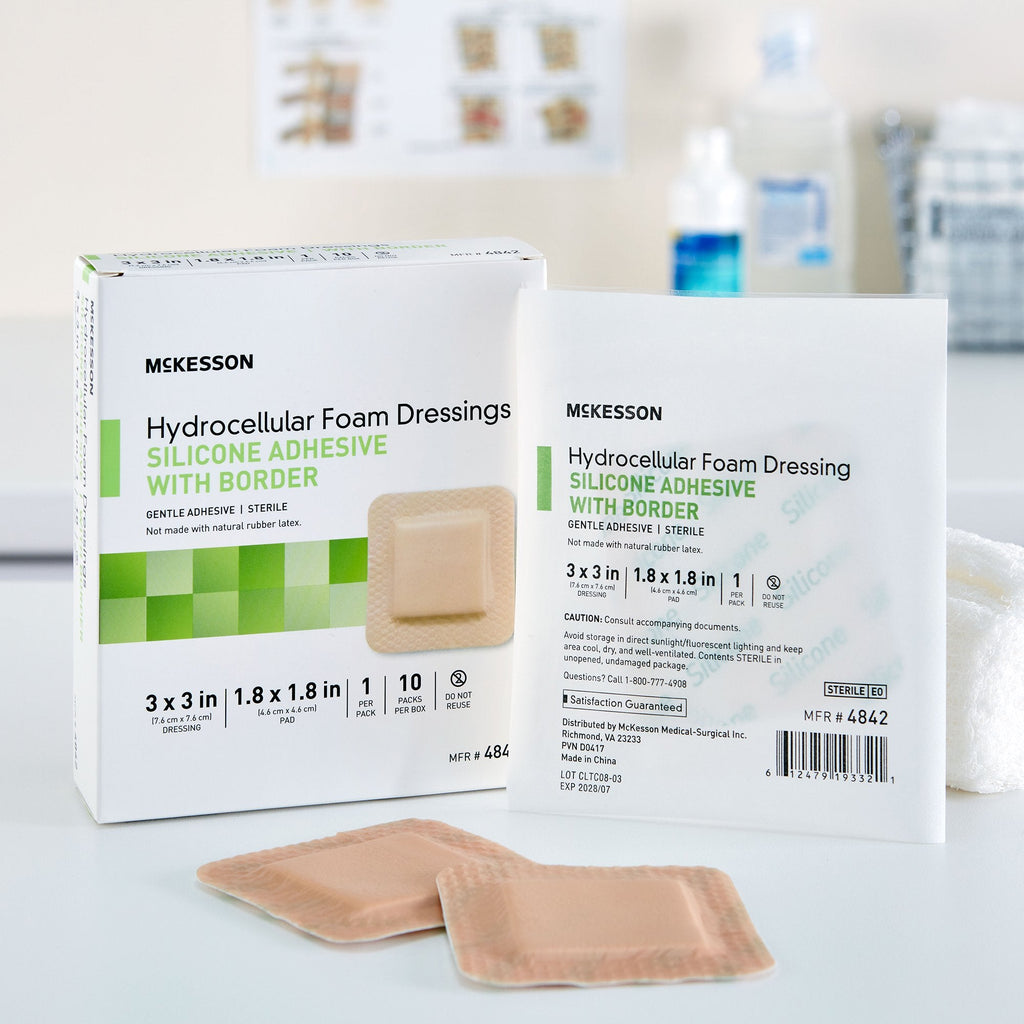 McKesson Silicone Adhesive with Border Silicone Foam Dressing, 3 x 3 Inch 4842