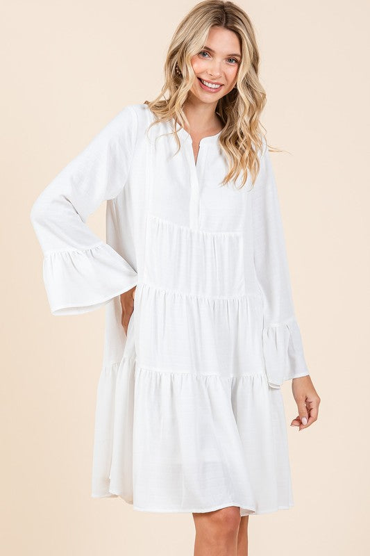 Tiered Notched Flare Sleeve Dress – Playful and Stylish Dress with Flare Sleeves and Notched Neckline