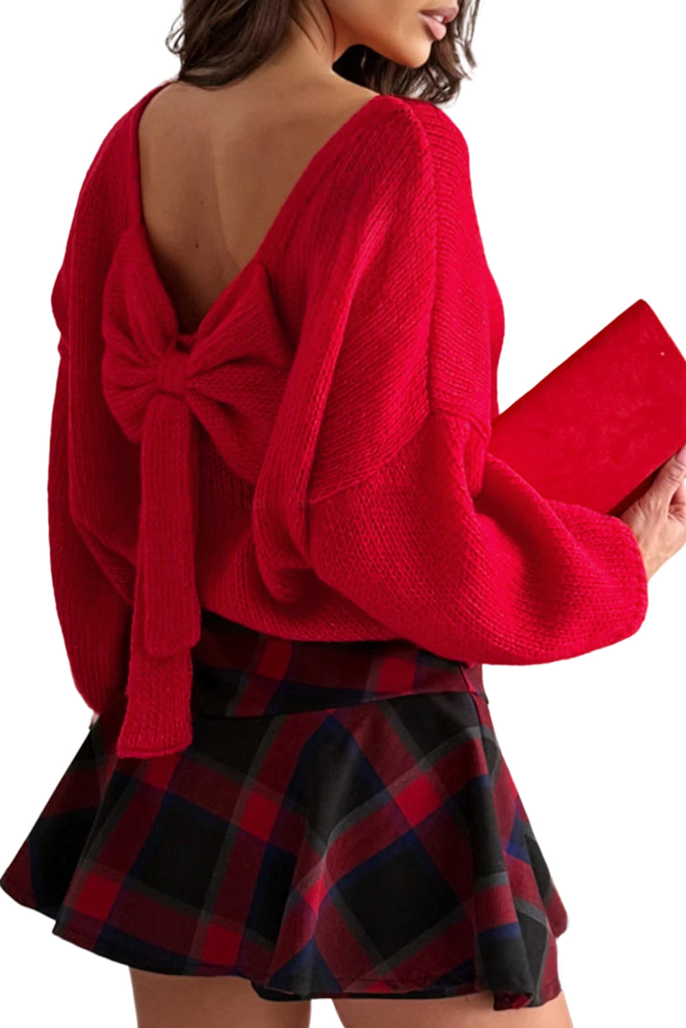 Black Bow Backless Bubble Sleeve Sweater