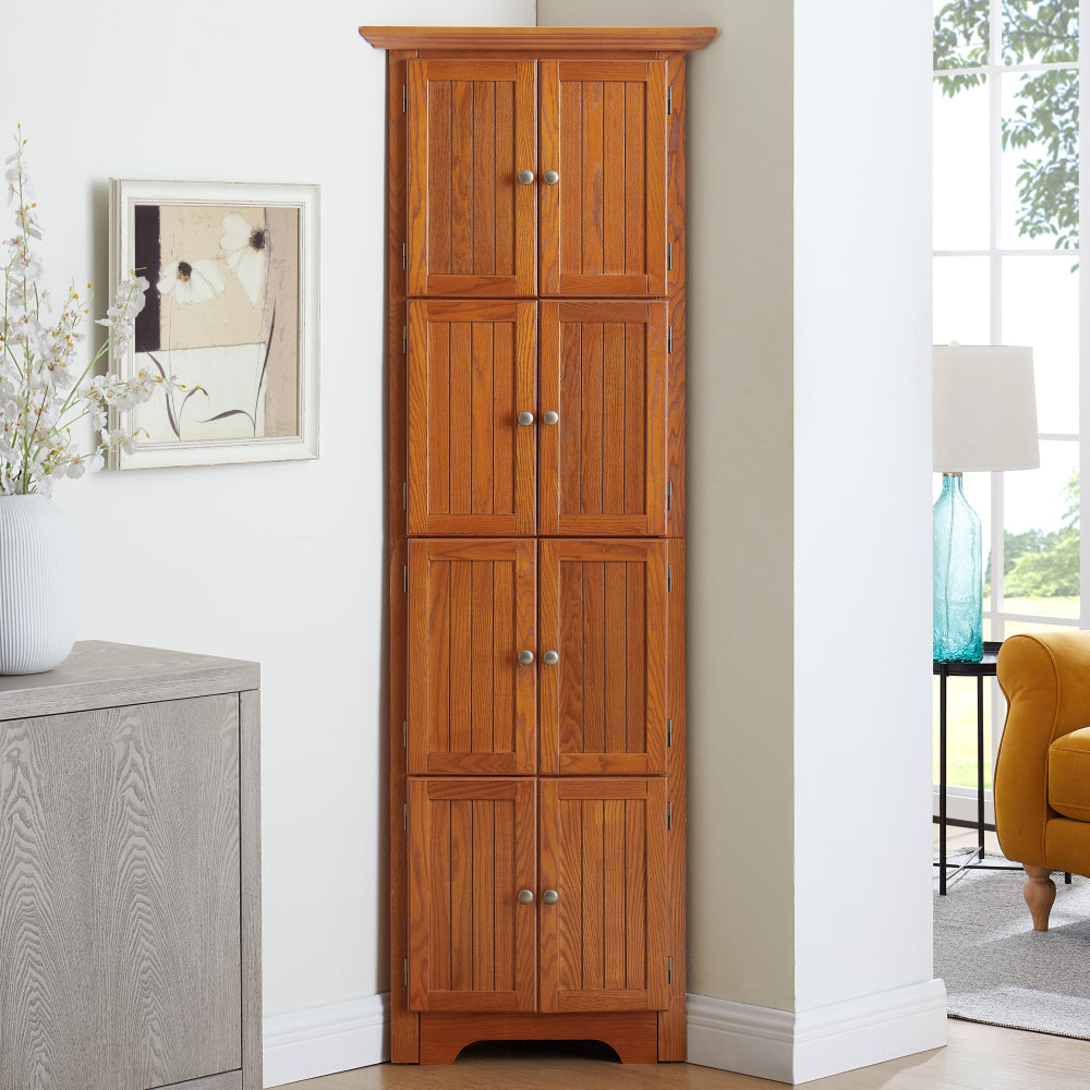 72" Corner Kitchen Pantry Cabinet | 4-Tier Tall Storage with 8 Doors & Shelves — Farmhouse Oak