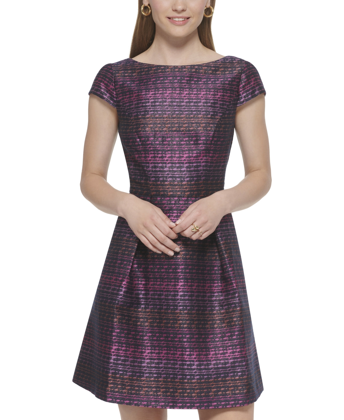 Vince Camuto Womens Metallic Jacquard Fit and Flare Dress, Size 2