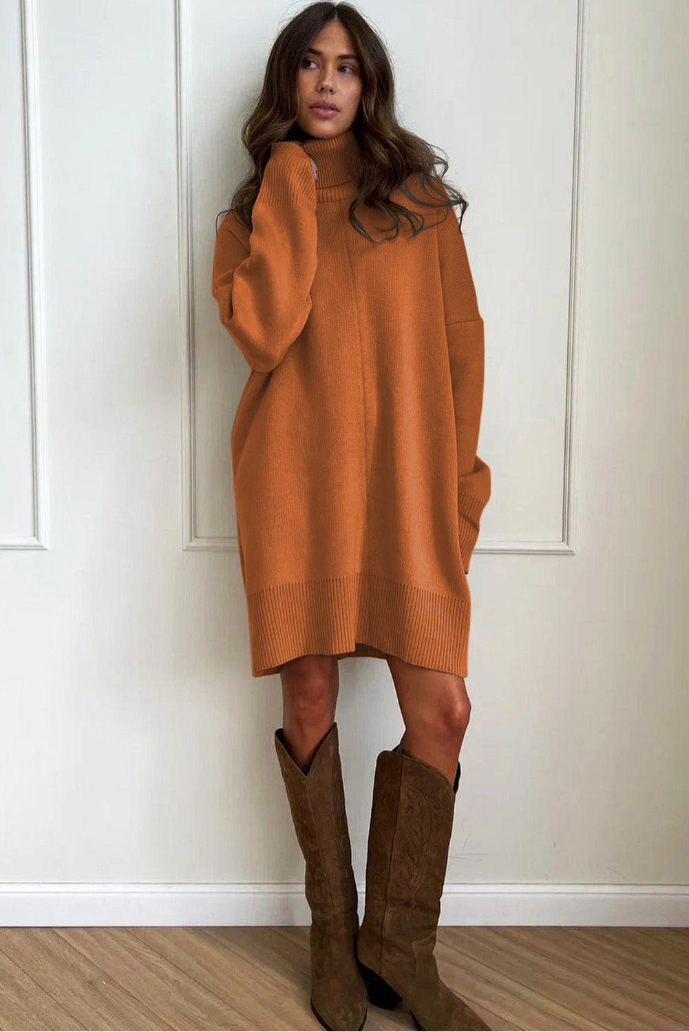 Black Solid Color Turtleneck Drop Shoulder Loose Sweater Dress