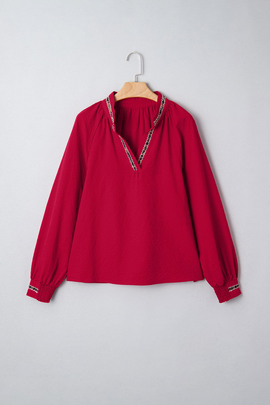 Racing Red Leopard Jacquard Print V Neck Textured Blouse
