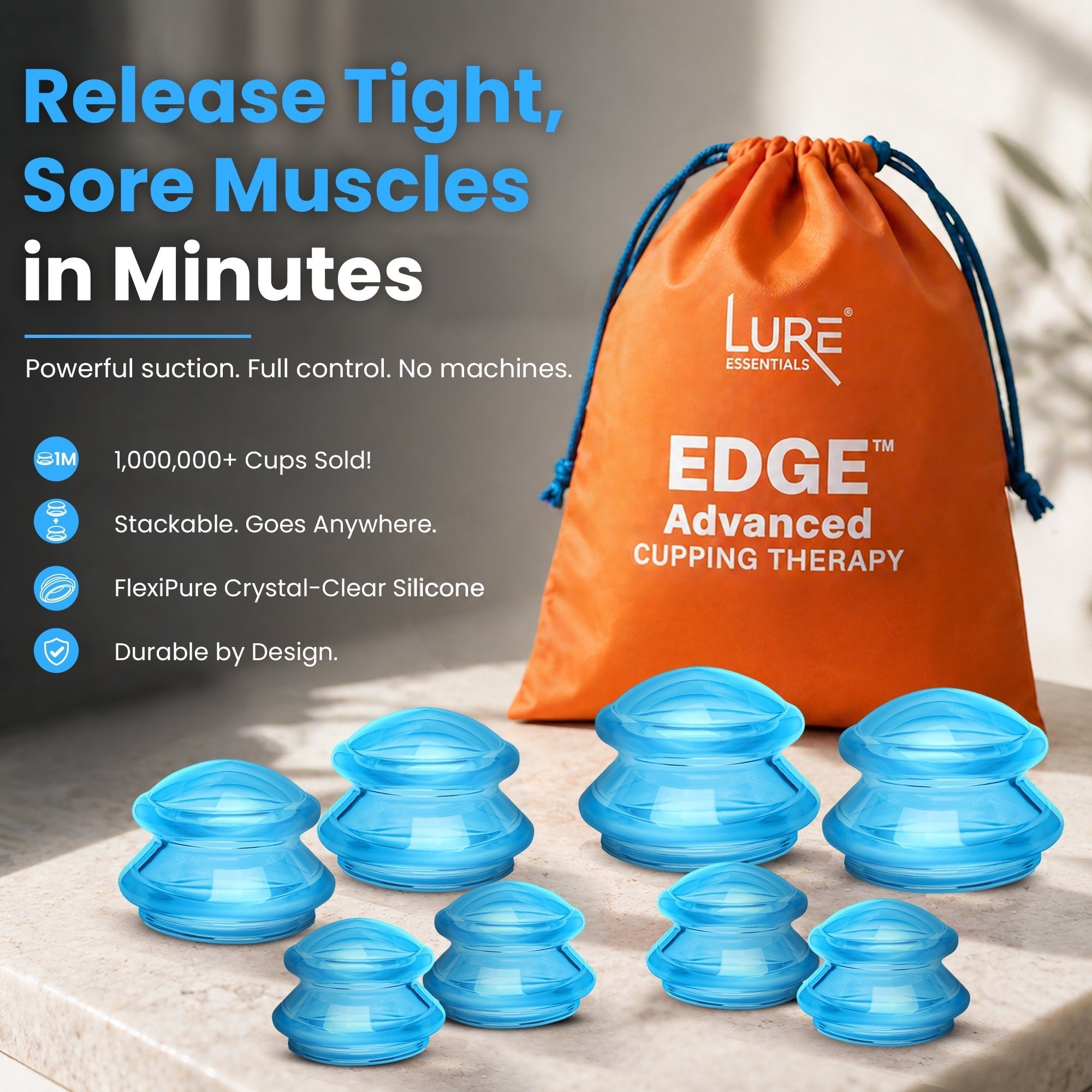 EDGE™ Cupping Set Blue, 8 Cups (2L, 2M, 4S)