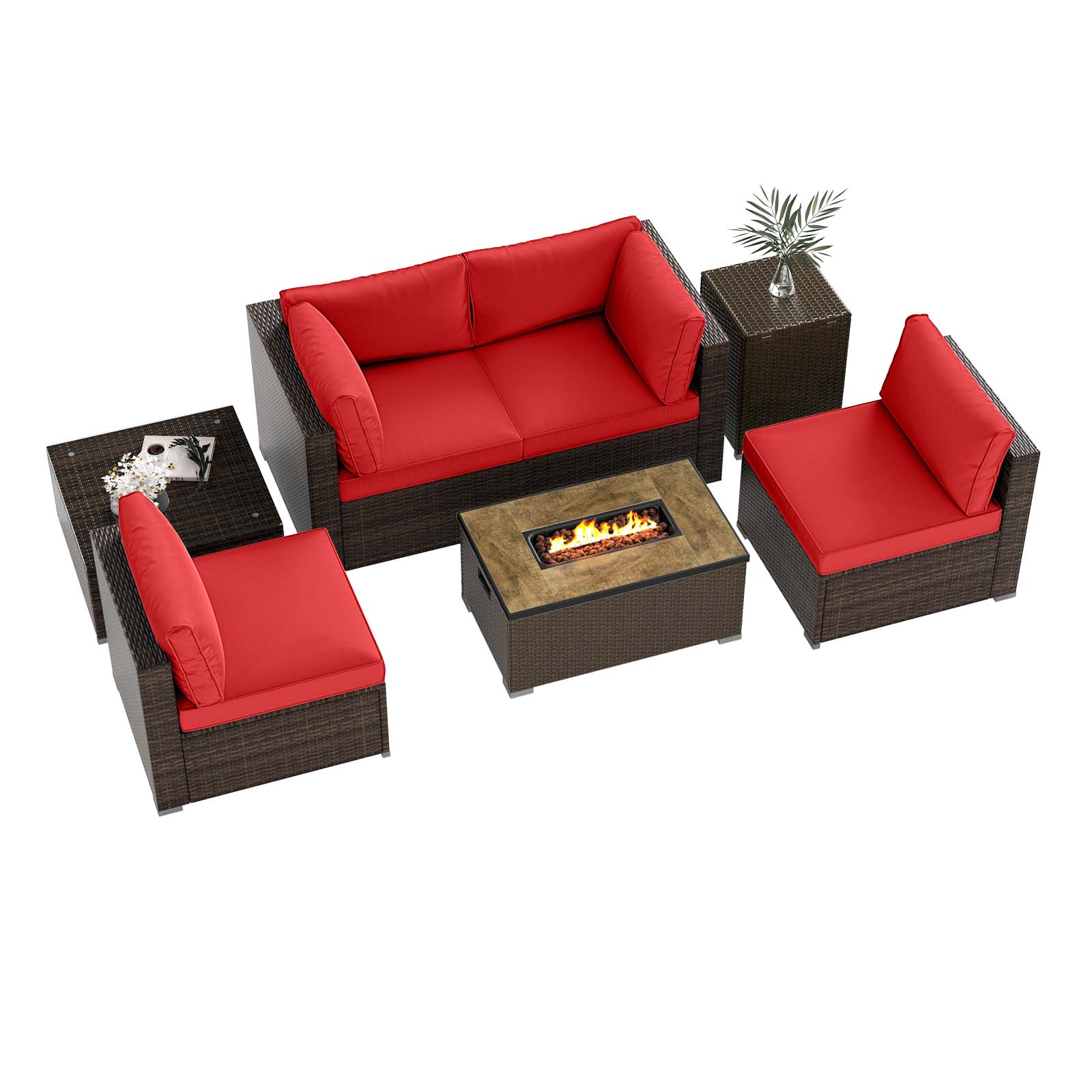 7 Pieces Outdoor Furniture Set with 32 Inch Fire Pit Table and Propane Tank Cover