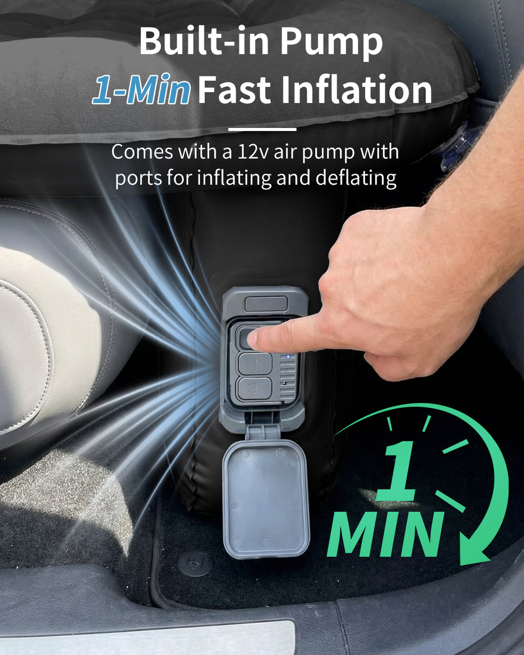 Umbrauto Back Seat Car Air Mattress with Built-in Rechargeable Pump: Cordless Inflatable Car Bed for Rear Seat Camping, 1-Click Fast Setup Thickened Flocking Sleeping Pad for Sedan, Truck & SUV