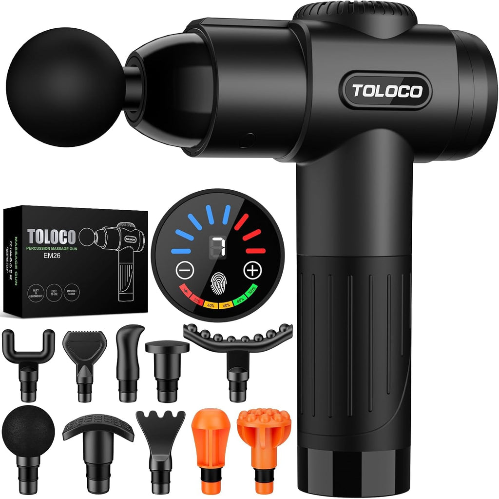 TOLOCO Massage Gun, Deep Tissue Back Massage for Athletes for Pain Relief, Percussion Massager with 10 Massages Heads & Silent Brushless Motor, Valentines Day Gifts for Him Her, Black