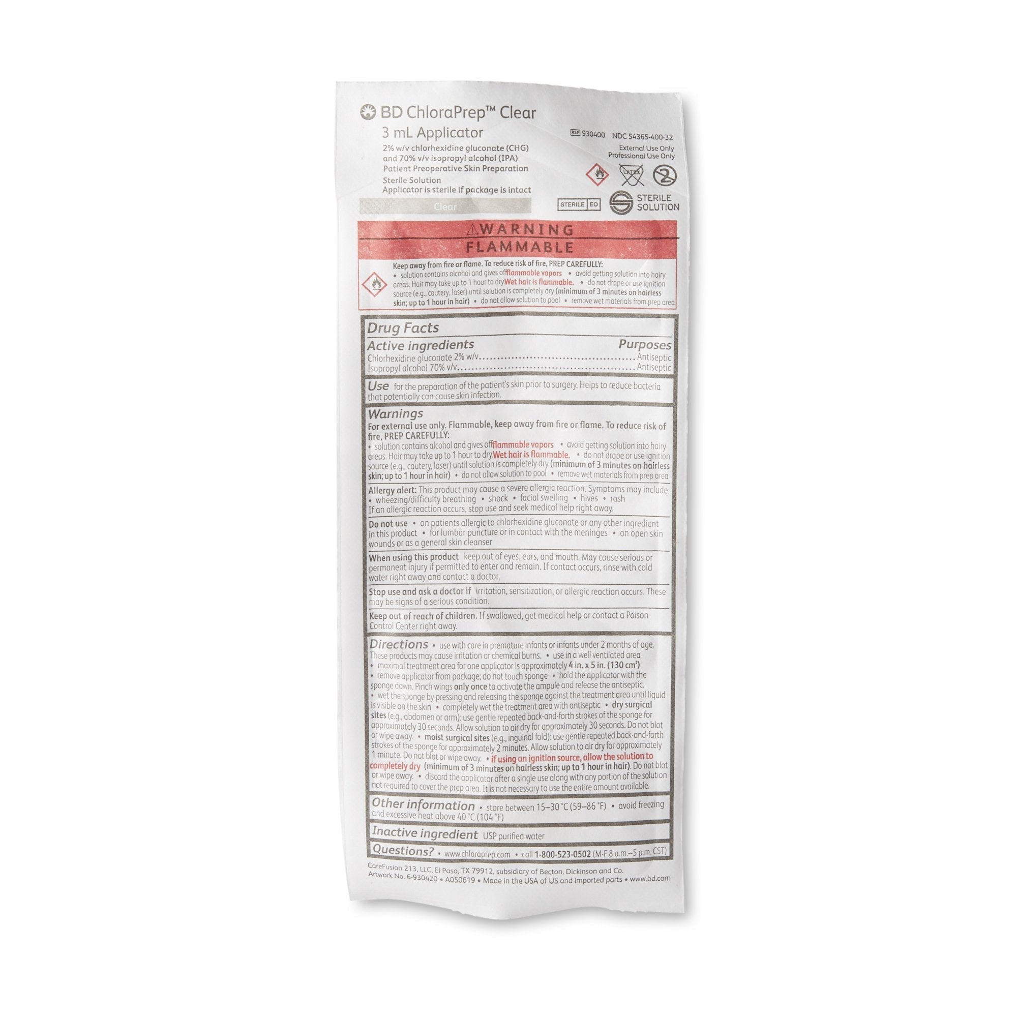 Skin Prep Solution ChloraPrep™ Clear 3 mL Foam Applicator 2% / 70% Strength CHG (Chlorhexidine Gluconate) / Isopropyl Alcohol Sterile 930400