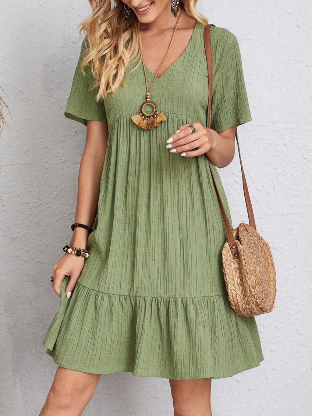 Classic Full Size V-Neck Short Sleeve Dress Casual & Comfortable Dress for Women