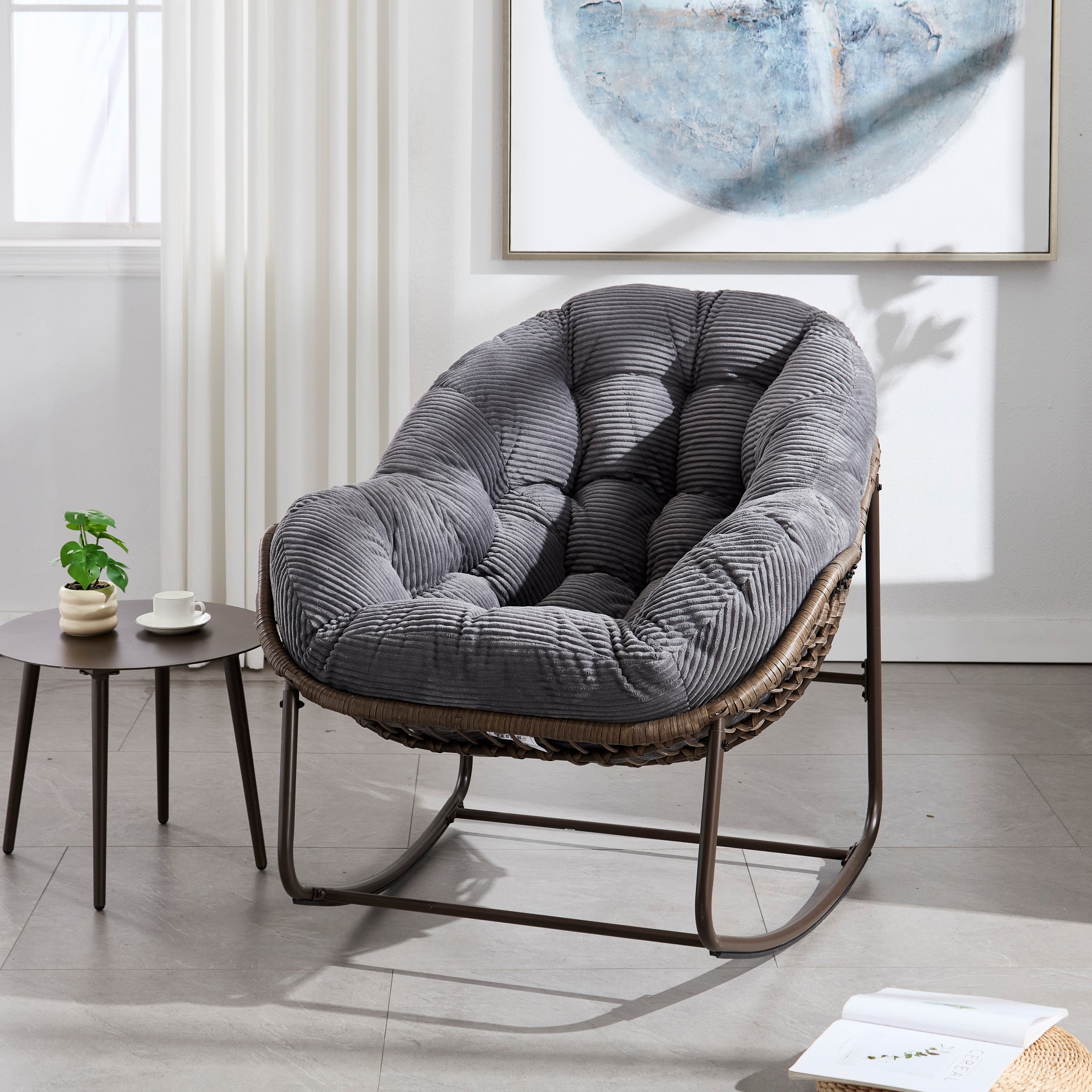 Outdoor Rattan Rocking Chair,Padded Cushion Rocker Recliner Chair Outdoor for Front Porch, Living Room, Patio, Garden, Grey