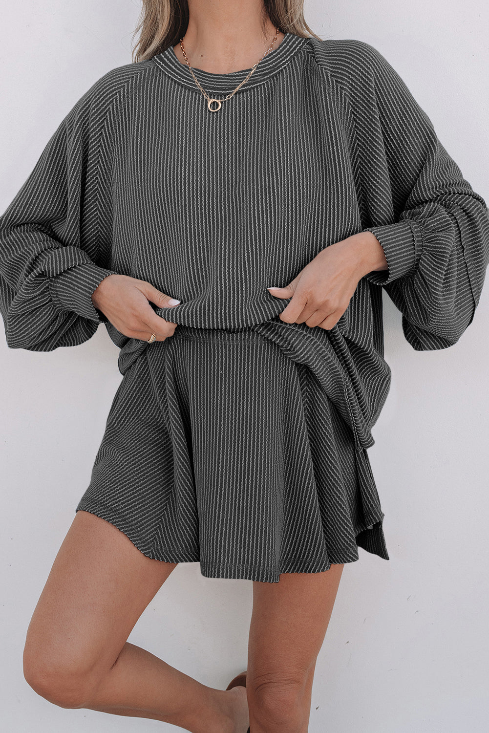 Jet Stream Corded Lantern Sleeve Top High Waist Ruffled Mini Skirt Set
