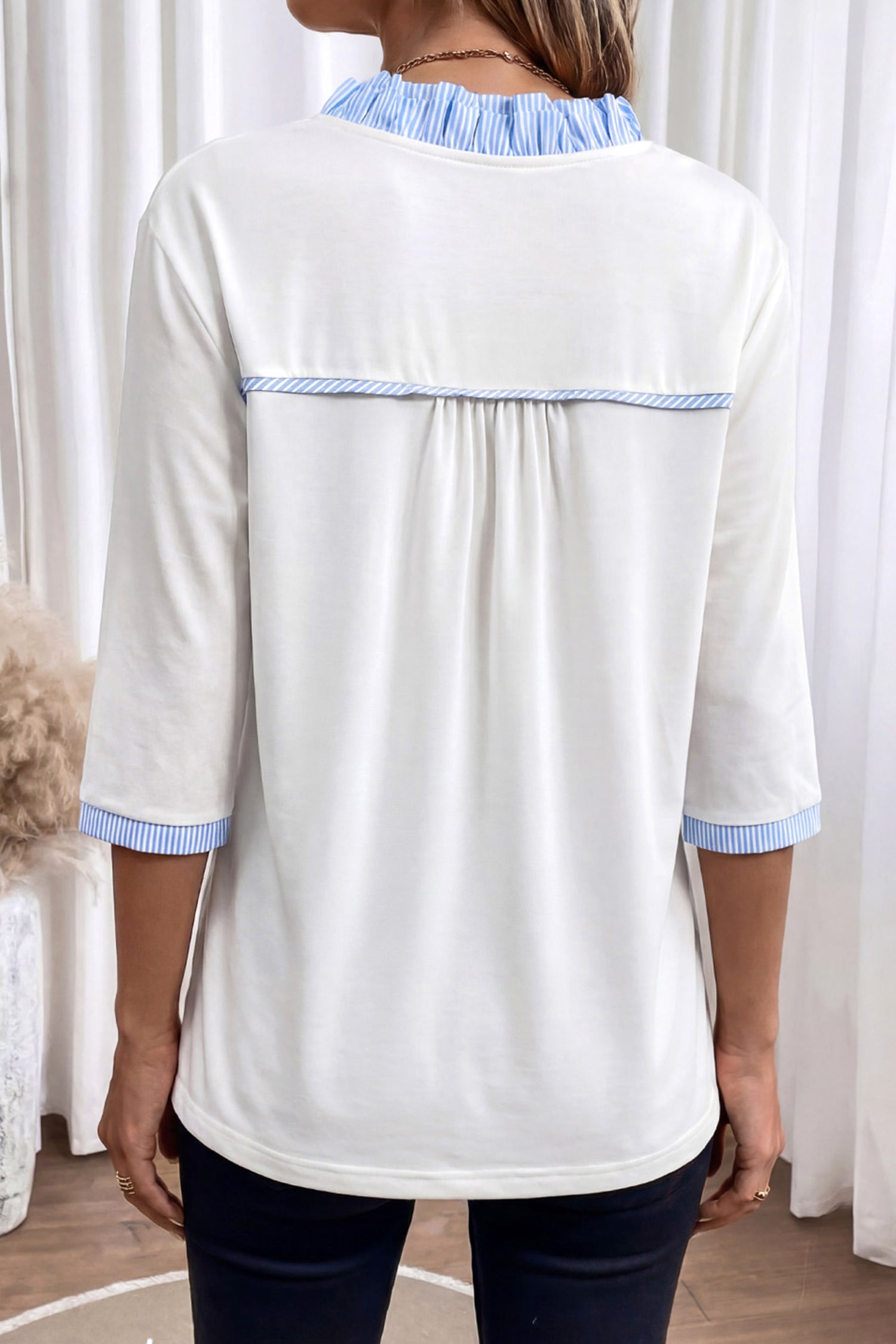 White Striped Patchwork V Neck 3/4 Sleeve Blouse