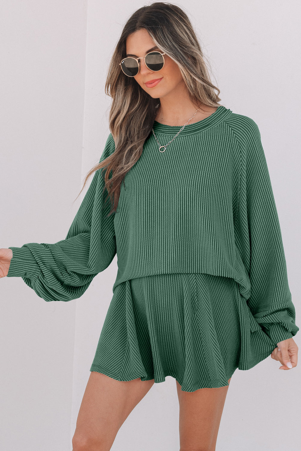 Jet Stream Corded Lantern Sleeve Top High Waist Ruffled Mini Skirt Set