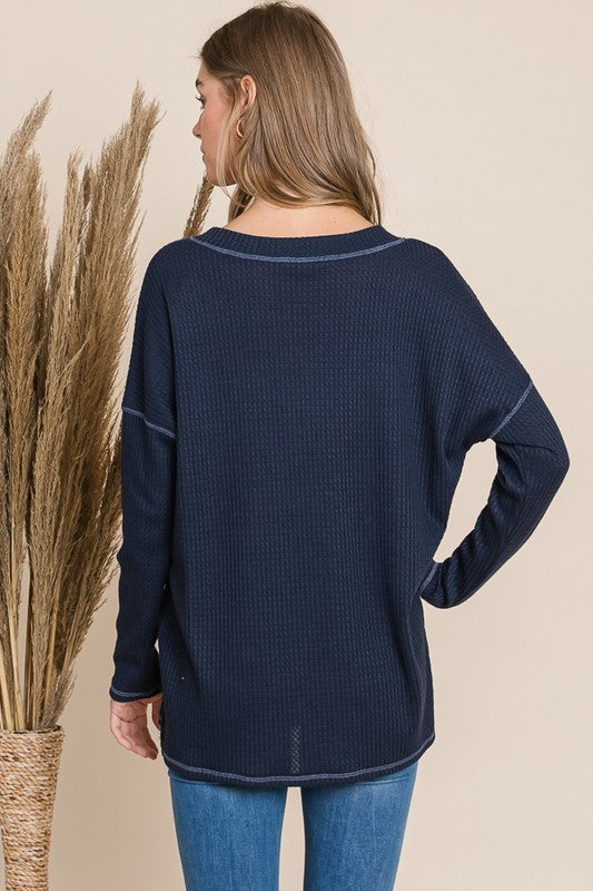 NAVY V NECK LONG SLEEVE TOP- SPECIAL