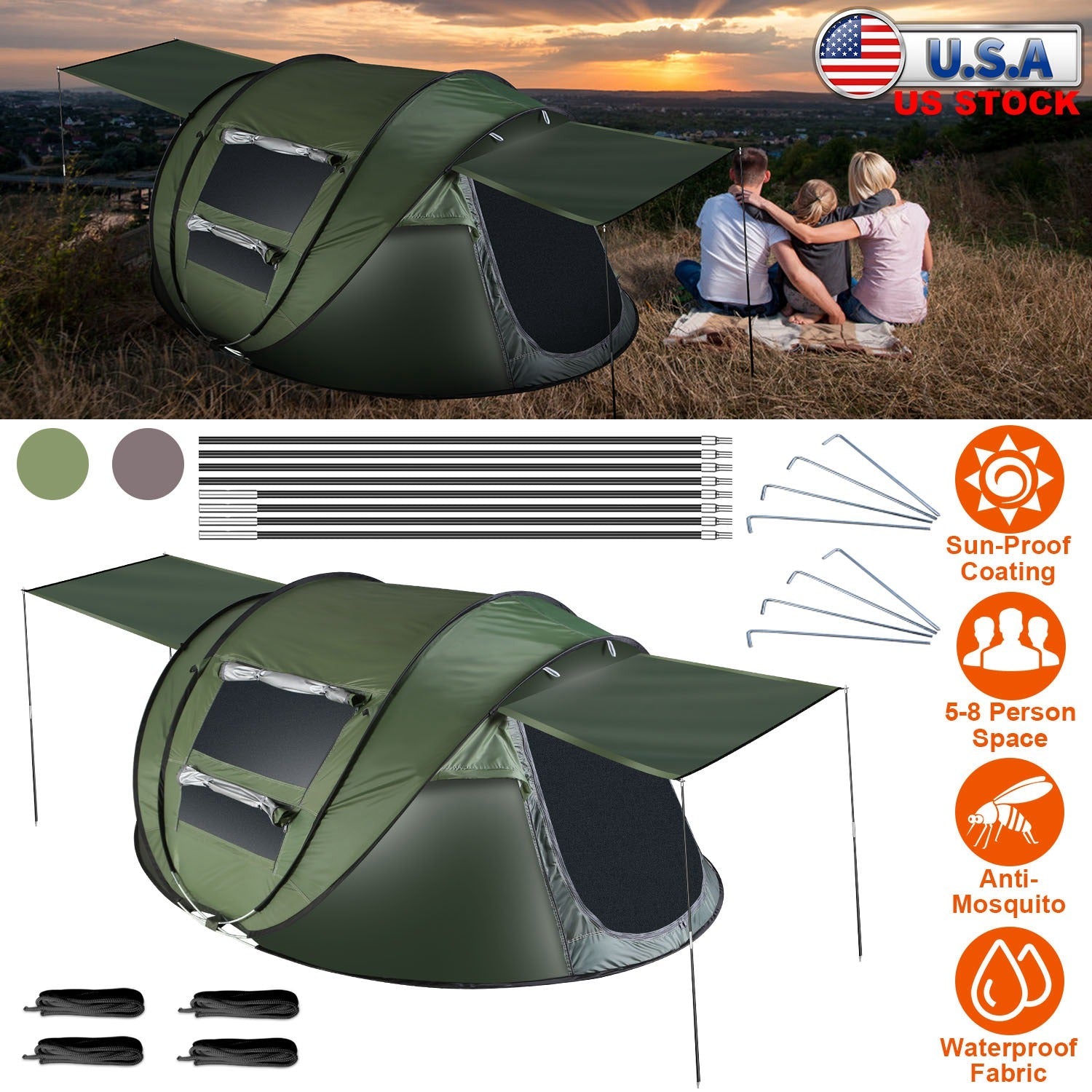 3-4 Person Pop Up Tent Automatic Setup Camping Tent Waterproof Instant Setup Tent with 2 Mosquito Net Windows Carrying Bag for Hiking Climbing Adventu