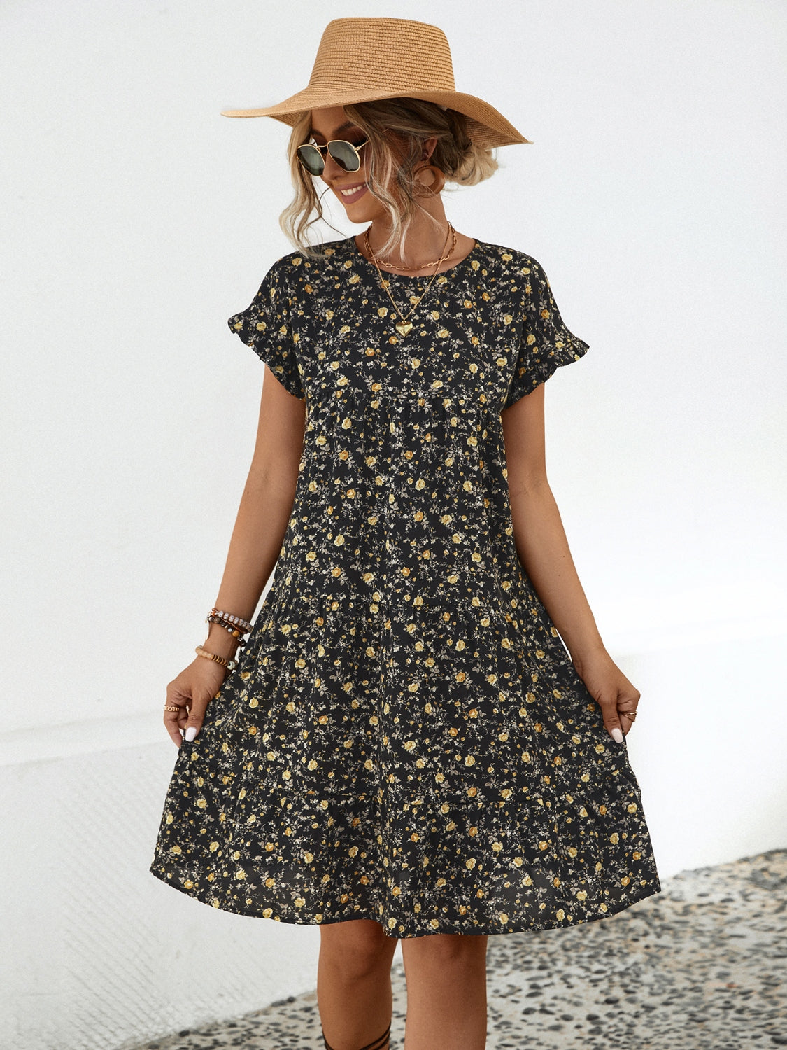 Floral Round Neck Short Sleeve Dress Elegant & Effortless Everyday Style Women Dress
