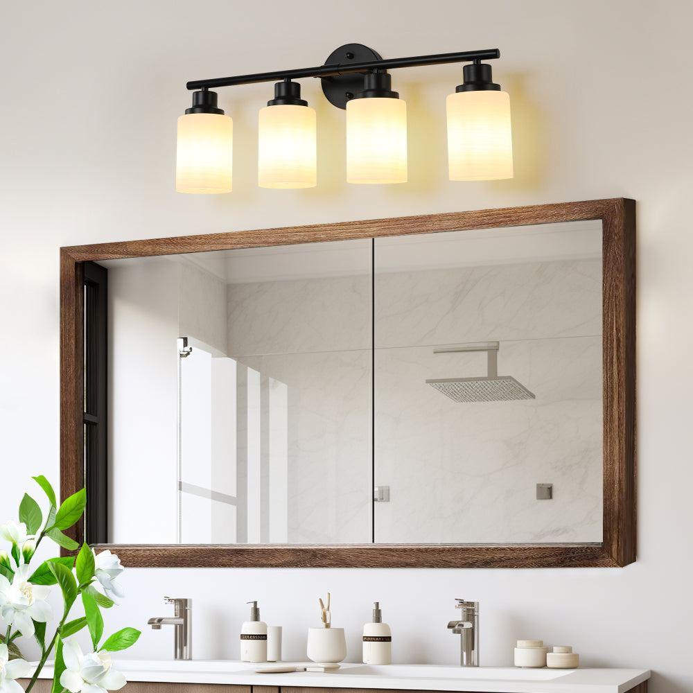 Vanity Light Fixture | 4/5/6/8-Light Bathroom Wall Sconce with Frosted White Glass & Iron Frame — Black, Chrome or Gold, 4 Sizes