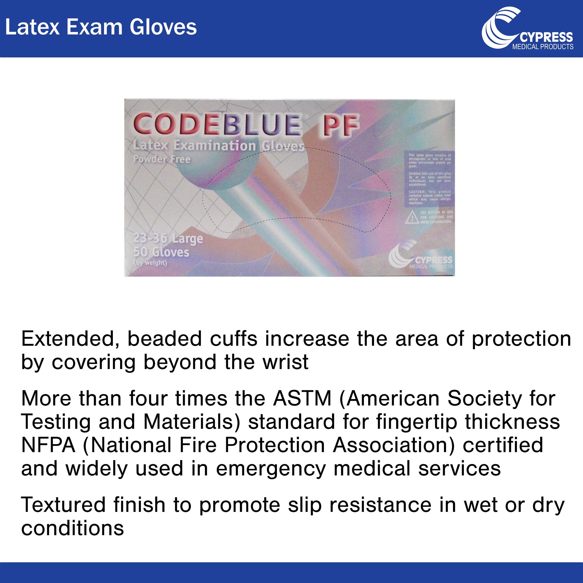 CodeBlue® PF Latex Extended Cuff Length Exam Glove, Large, Blue 23-36