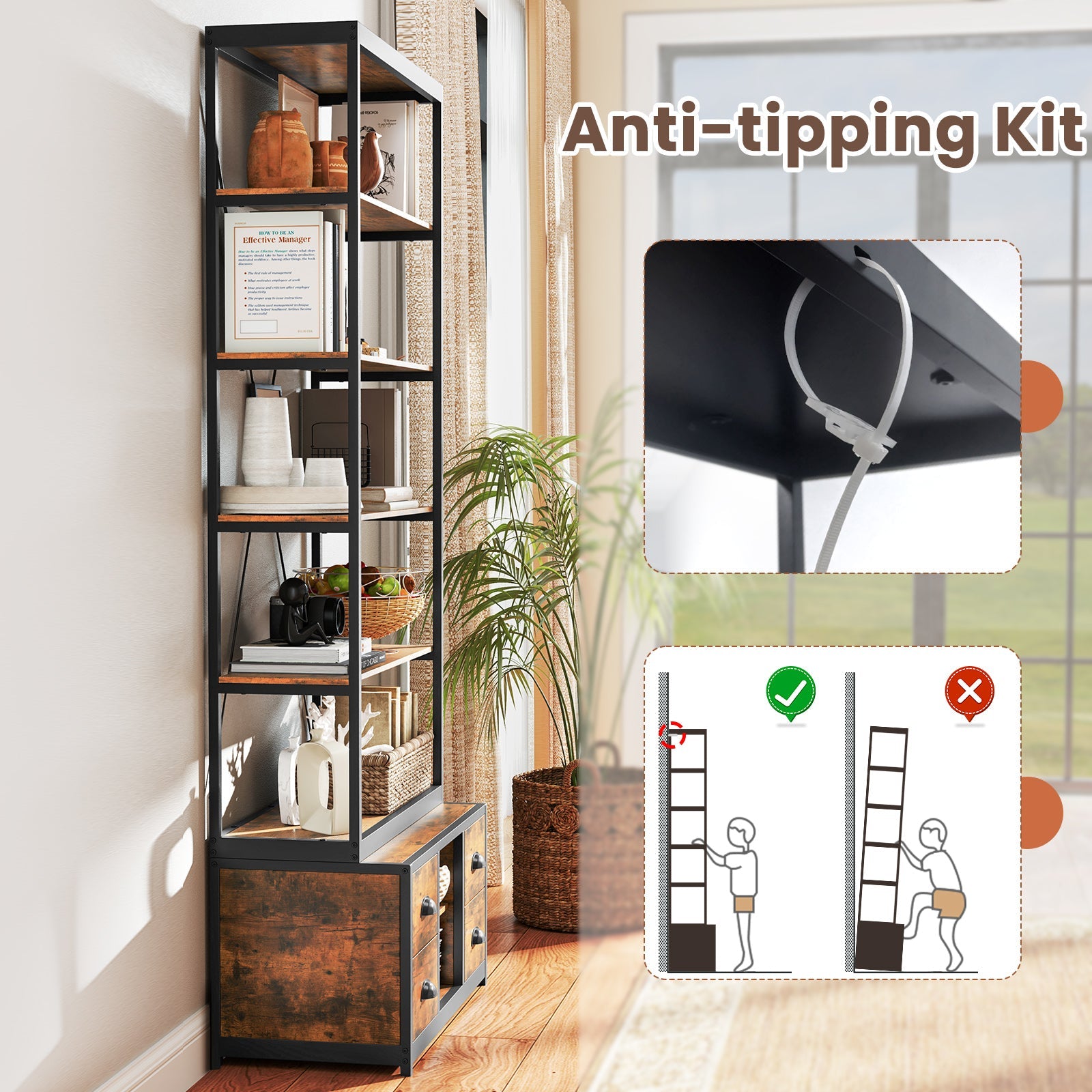 8-tier Bookshelf with 4 Fabric Drawers  and Heavy-duty Metal Frame-Coffee