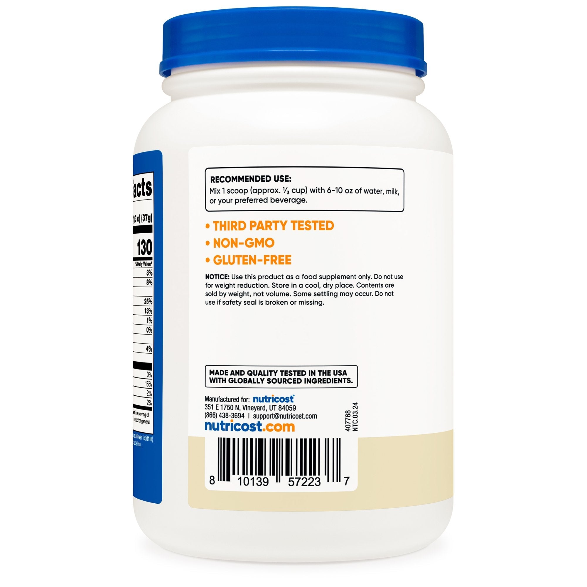 Oral Supplement Nutricost Whey Protein Concentrate Vanilla Flavor Powder 1.5 lb. Canister NCW025101