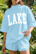 Mist Blue LAKE Print High Neck Short Sleeve Top Casual Short Set