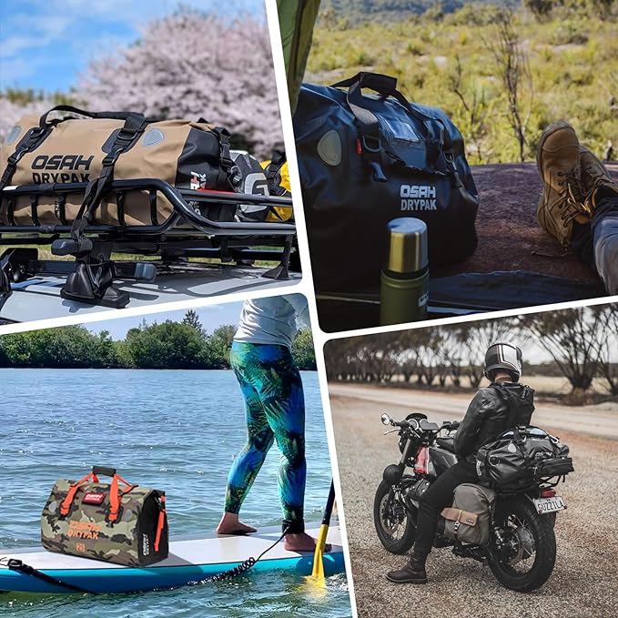 Waterproof Duffel& Luggage Bag - Motorcycle Dry Bag Tail Saddle Bags with Roll Top Closure,Large Storage Space,for Camping, Kayaking, Fishing & Traveling(Green, 60L)