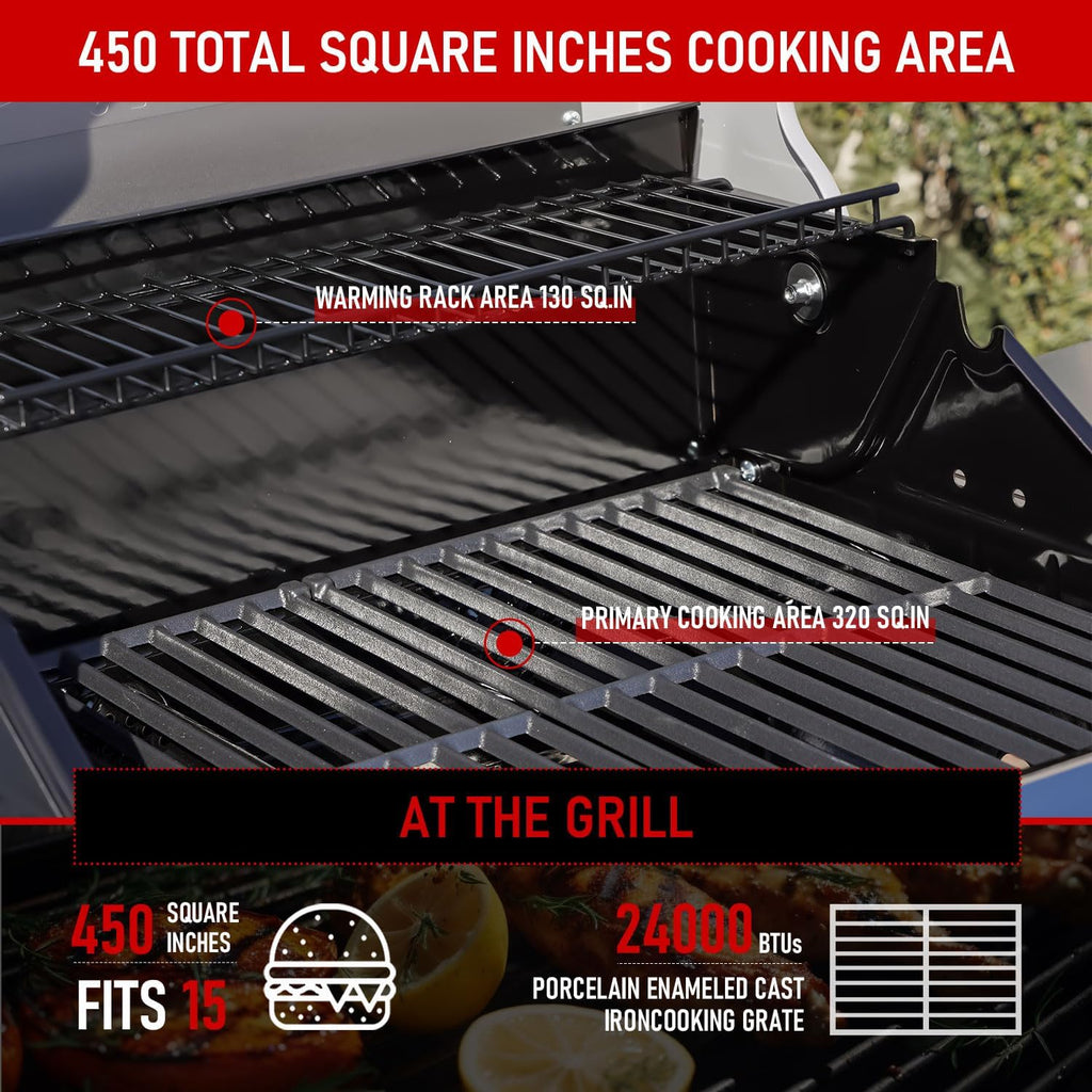 Monument Grills 2-Burner Stainless Steel Liquid Propane Gas Patio Garden Barbecue Grill with Clearview® Lid, Knob Control and Two Foldable Shelves Mesa200R with BBQ Cover, Red