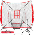 7'X7' Baseball Softball Practice Net,Pitching Net,Batting Net,with Baseball Tee,Bonus Strike Zone and Bow Frame,for Hitting,Pitching, Catching