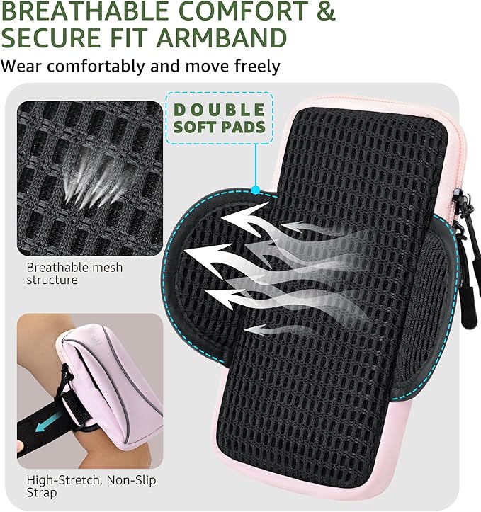 HiRui Arm Bag & Wrist Bag Phone Holder, Sports Running Armband for Gym, Cycling & Workout, Compatible with iPhone 16/15/14 Series, Samsung Galaxy & More, Reflective, Adjustable, Secure Fit (Pink)