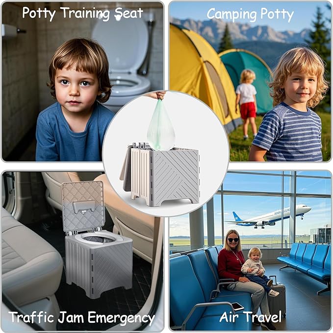 Portable Potty Seat for Toddler, Kids Travel Potty Foldable Compact Potty Training Toilet Seat with Cleaning Bags for Car, Camping, Travel, Outdoors (Grey)