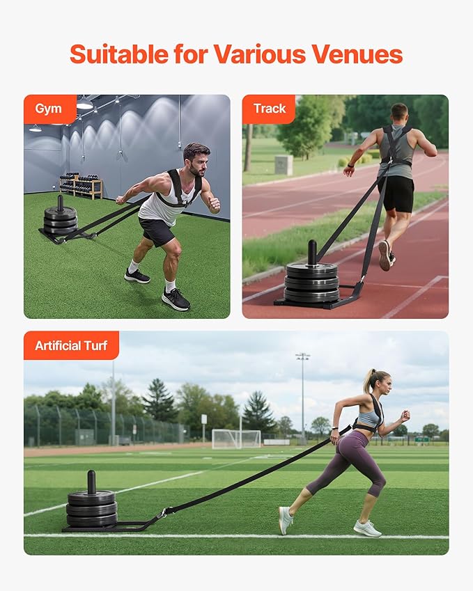 VEVOR Weight Sled, Steel Power Sled, Fitness Strength Training Sleds for Athletic Exercise Speed Improvement, Workout Fitness Equipment with Harness, Compatible with 1/2 in Weight Plates, Black