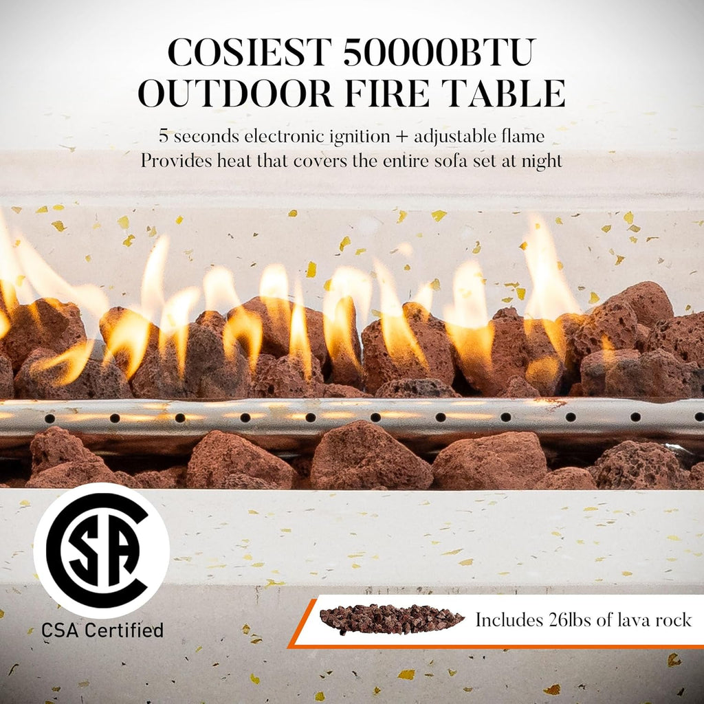 COSIEST 56" Outdoor Propane Fire Pit Table Rectangle Gas Fire Pit Table with Concrete & Wood Grain Design, 50000BTU CSA Certified Electronic Ignition Fire Tables for Patio, Backyard, Garden Heating