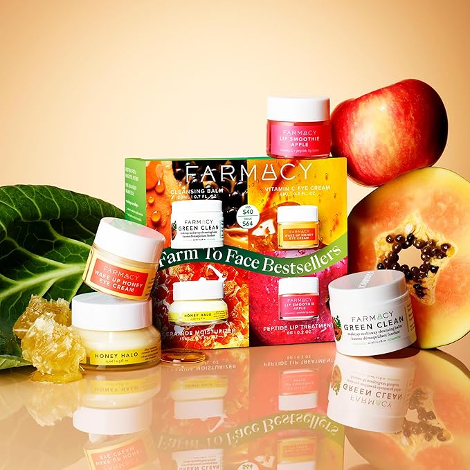 Farmacy Bestsellers Skin Care Set - Includes Green Clean Cleansing Balm, Wake Up Honey Eye Cream, Honey Halo Face Moisturizer + Lip Smoothie - Travel Size Skincare for Healthy, Glowing Skin (4 Count)