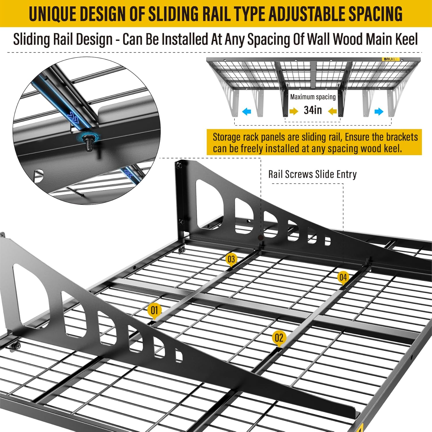 2x3ft Adjustable Rail Wall Garage Storage Shelf, for Tool Room, Storage Room, Store Supermarket Wall Storage Shelving Rack (4 Pack-Black)