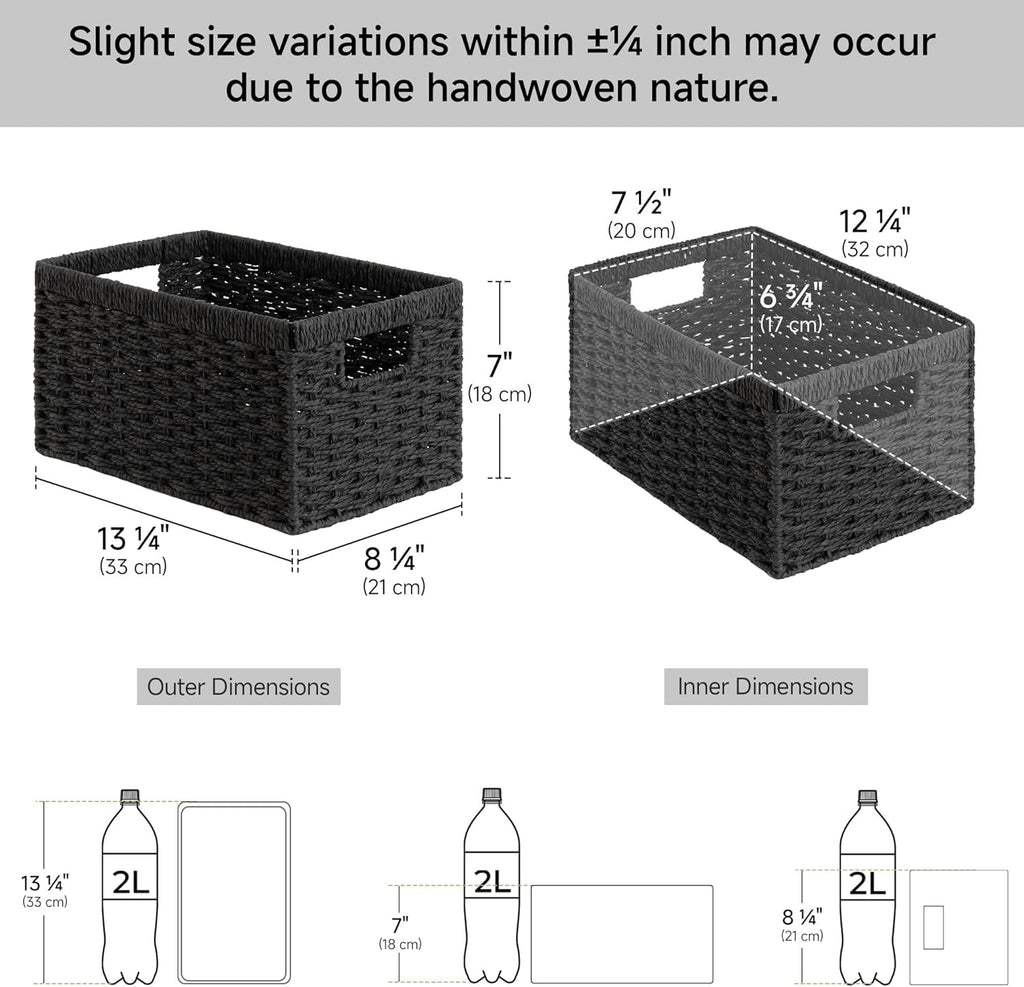 StorageWorks Pantry Baskets, Wicker Storage Baskets for Organizing, Bathroom Shelves, Pantry Organizers and Storage, Medium, Black, 2-Pack
