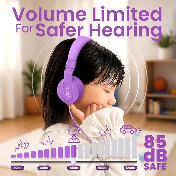 Puro Sound Labs PuroBasic Wired Headphones for Kids - Volume-Limiting & Adjustable with Microphone – Compatible with Smartphones, Tablets, PCs, and More – Safe, Durable Headphones for Kids – Purple