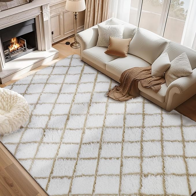 Fluffy Rug for Bedroom, Stripe Checkered Rug Anti-Skid High Pile for Living Room Bedroom Kids Room Nursery, Dorm Home Decor