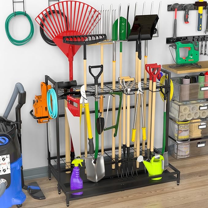Garden Tool Rack Organizer for Garage Yard Tool Storage, Garden Tools Storage for Organization Black Metal Gardens Tools Holder for Yard Shed Garage