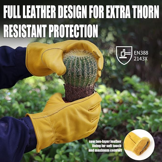 OZERO Leather Work Gloves Flex Grip Stretchable Tough Cowhide Work Gloves 1 Pair (Gold, Medium)