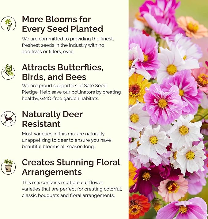 Eden Brothers Cosmic Zen Flower Mixed Seeds for Planting, 1/4 lb, 120,000+ Seeds with Zinnia Dahlia Flowered, Cosmos Sensation | Attracts Pollinators, Plant in Spring, Zones 3, 4, 5, 6, 7, 8, 9, 10