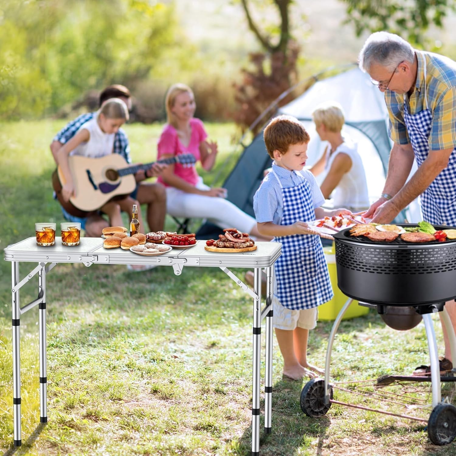 Folding Camping Table with Storage Net, 3ft Camping Table Aluminum Folding Table with 3 Adjustable Height Max 27.1 Inch, Portable, for Outdoor Backyard BBQ, Silver