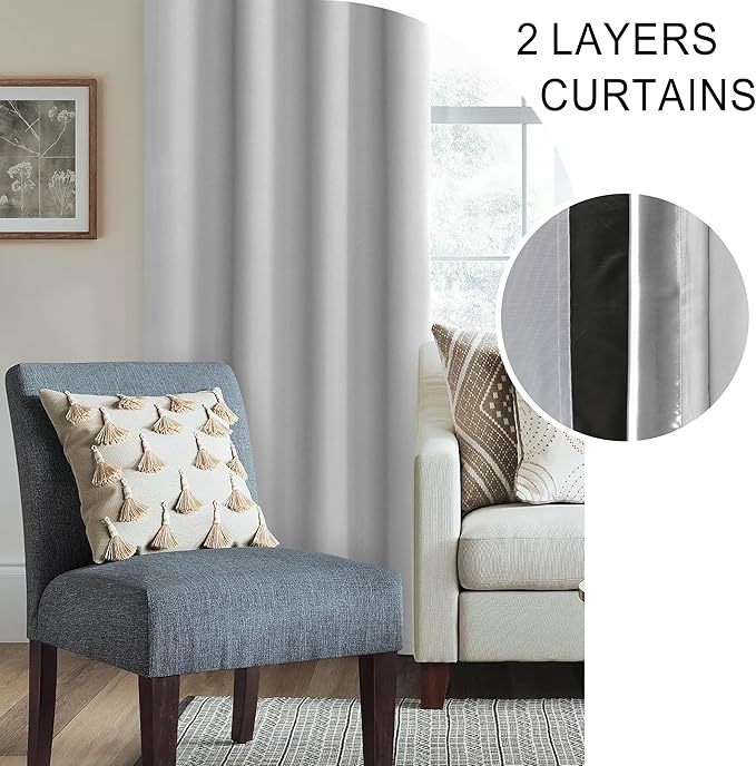 XWZO 100% Blackout Curtain Panels - Extra Long Rod Pocket Thermal Insulated Black Liner Curtains, Noise Reducing and Heat Blocking Drapes for Bedroom with Tiebacks, Light Grey, W52 x L108, Set of 2