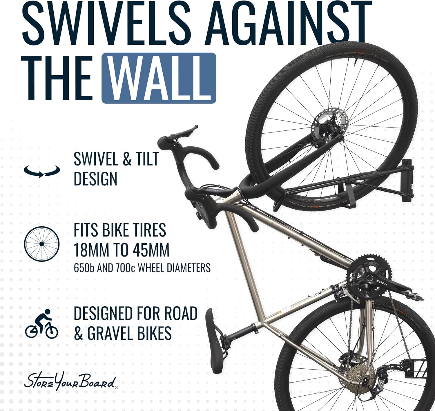 StoreYourBoard SwivelStow Road & Gravel Bike Storage 2 Pack – Heavy Duty Bike Hanger, No-Lift Bike Wall Mount for Garage Bike Storage, Holds 70 lbs, Patent-Pending