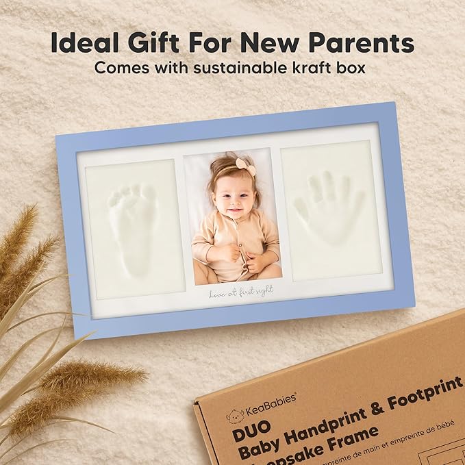 Baby Hand and Footprint Kit - Clay Handprint Keepsake Frame, Newborn Nursery Picture Frame, Personalized New Mom Gifts for Baby Shower & Registry (Cornflower)