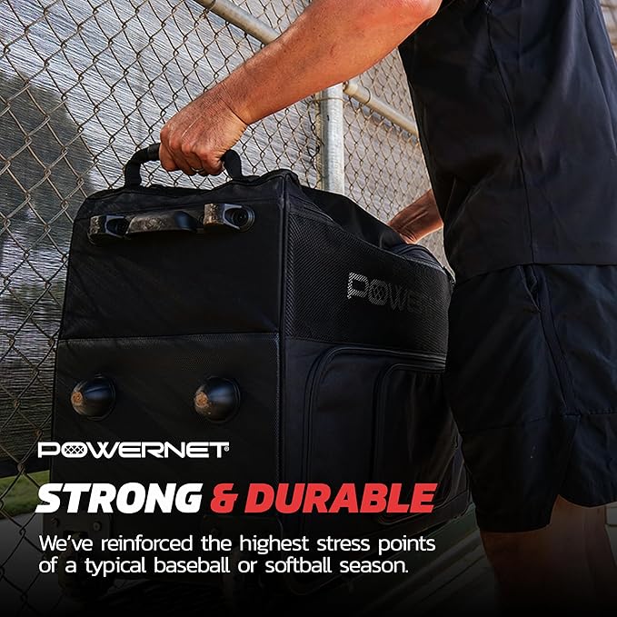 PowerNet Rolling Bucket Bag, Holds 2 6-Gallon Bucket of Baseballs & Softballs, Storage Pockets for Baseball Bat, Gloves & Scoreboards, Fits Launch F-lite Pitching Machine & Balls