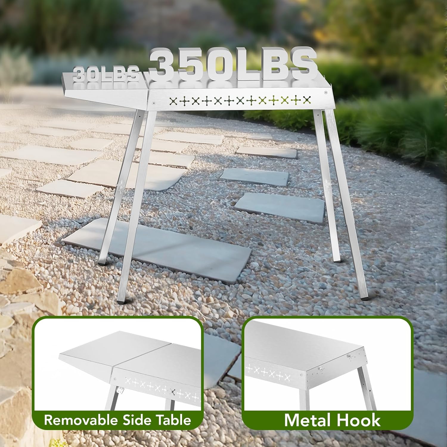 Food Grade 304 Stainless Steel BBQ Grill Table fits Tabletop Griddle, Outdoor Grill Table with 4 Foldable Legs, Portable Grill Stand for RV, Camping, Tailgating