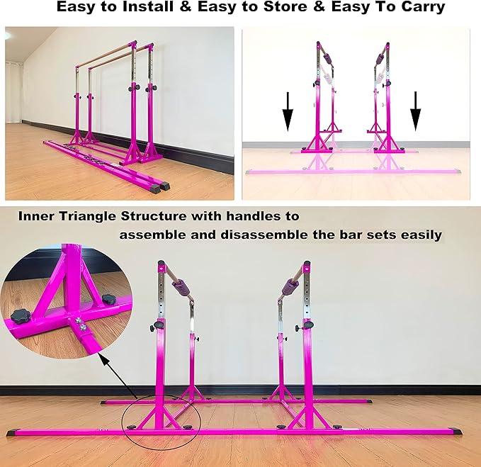 Gymnastics Double Horizontal Bars 3Play Parallel Bars Uneven Bars Gymnastics Training Kip Bar with 304 Stainless Steel Regulating Arms & Fiberglass Rail for Indoor Outdoor Home Club Use