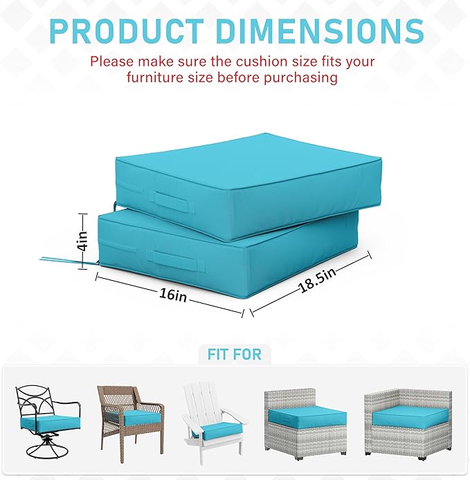 Patio Chair Cushions 18.5 X 16 X 4 Inch Waterproof Outdoor Seat Cushions for Patio Furniture, Outdoor Sofa Couch Pads with Ties & Handle, Set of 2, Lake Blue