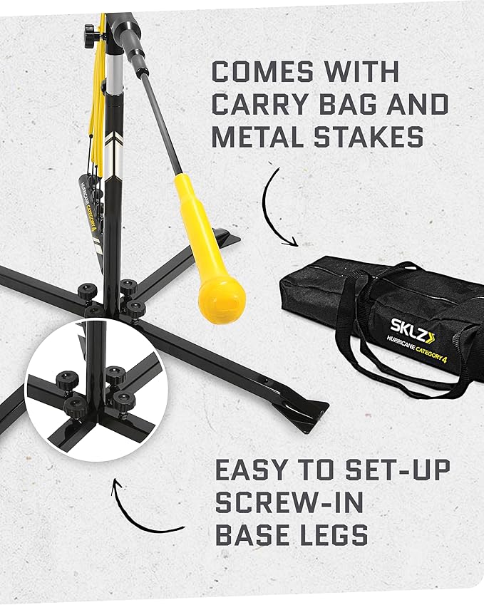 SKLZ Hurricane Batting Swing Trainer for Baseball & Softball - Durable Swing Arm - 4 Power Band System - High-Visibility, Anti-Dent Target Ball Head - Screw-in Base Legs, Metal Stakes & Carry Bag